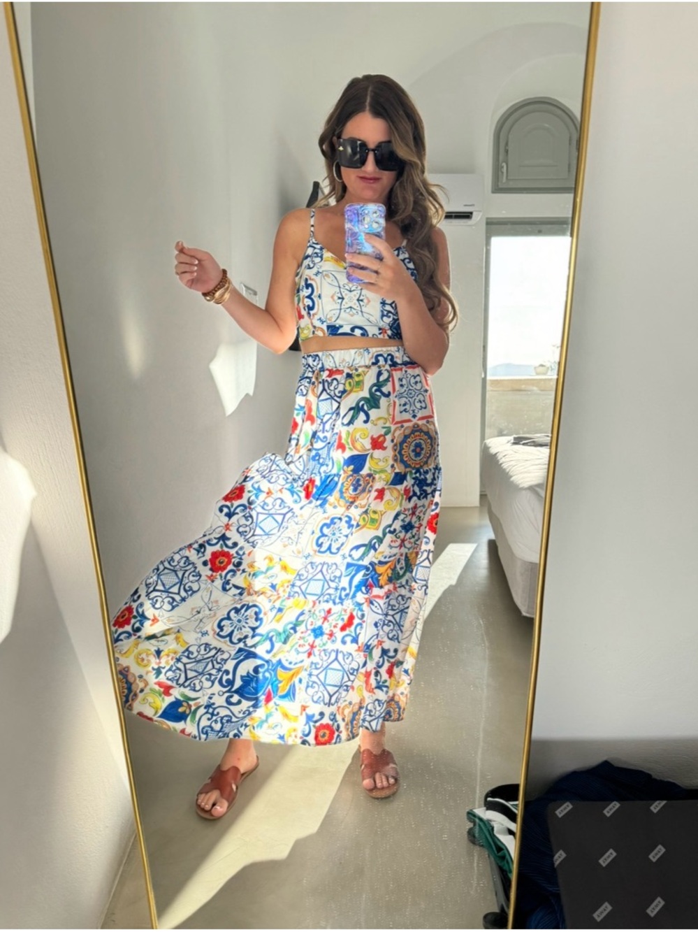 White Multi-Color Tile-Print Maxi Skirt